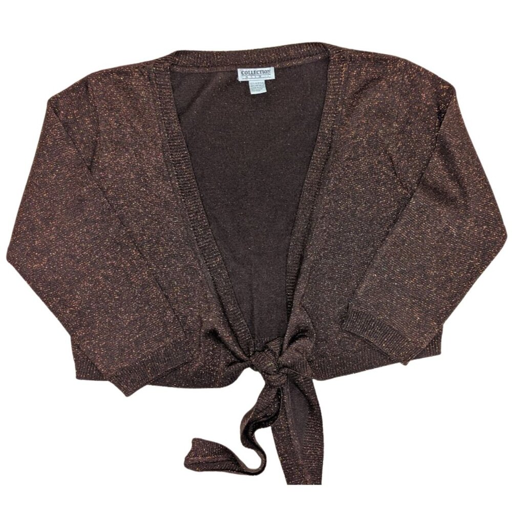 VTG Y2K Metallic Copper Shrug Tie-Waist Crop Bolero Fairy Knit Sweater Size Med